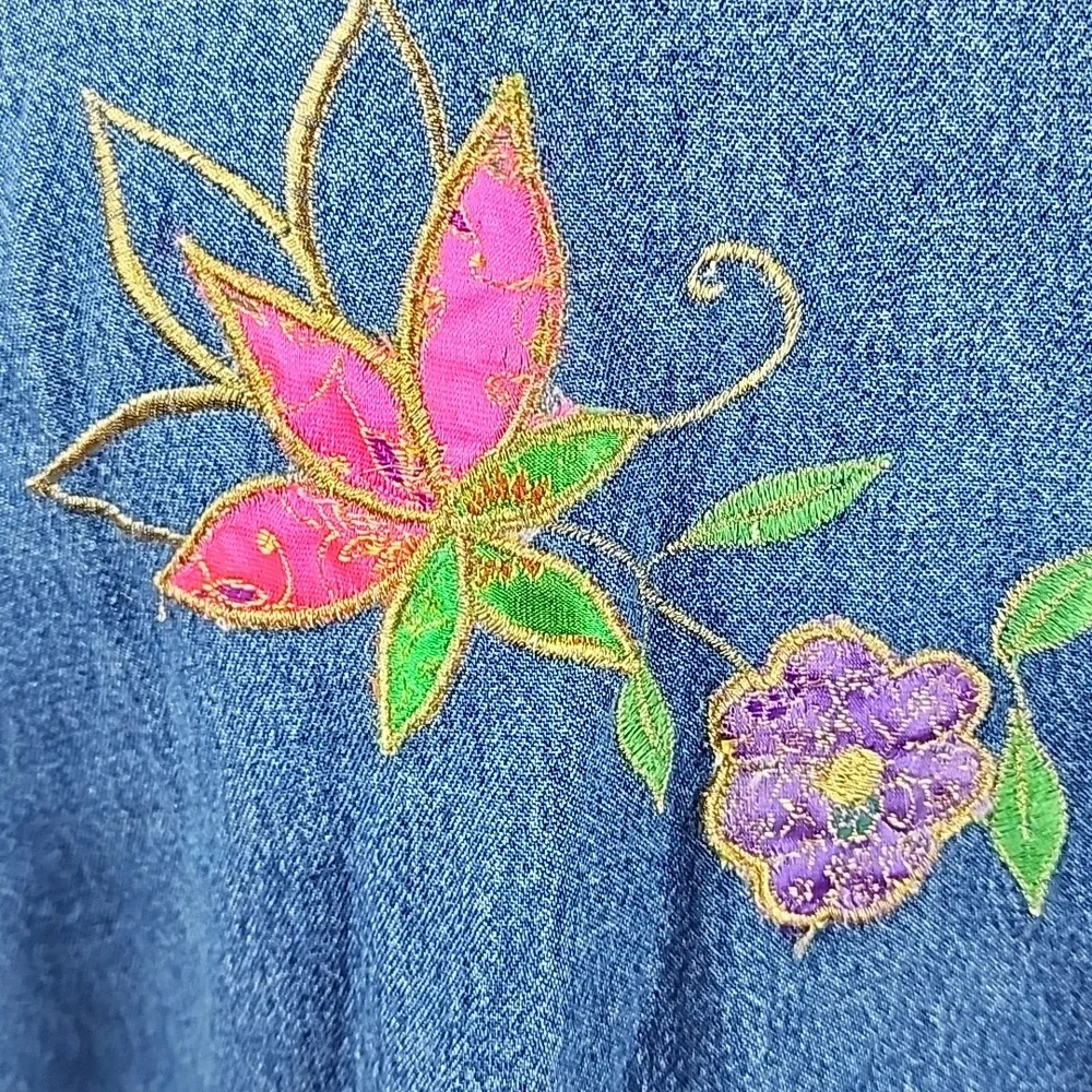 TANTRUMS | Vintage Bright Dopamine Floral Ribbon Embroidered Denim Jacket | L - Picture 8 of 12